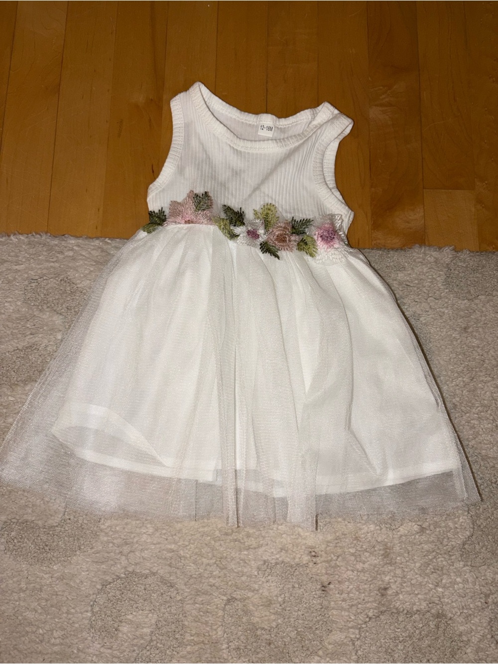 Size 12-18 Months White Floral Trim Tulle Baby Girl Kids Dress